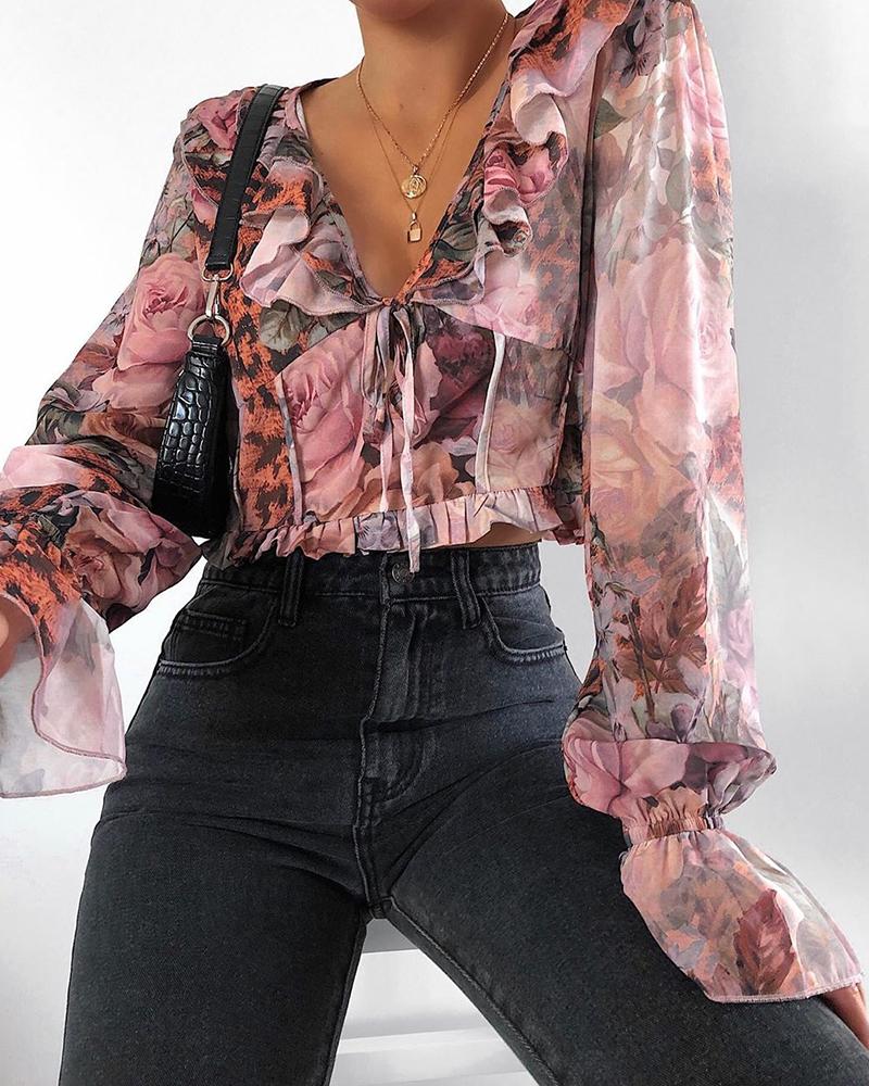 

Bell Sleeve Floral Ruffle Top, Multicolor