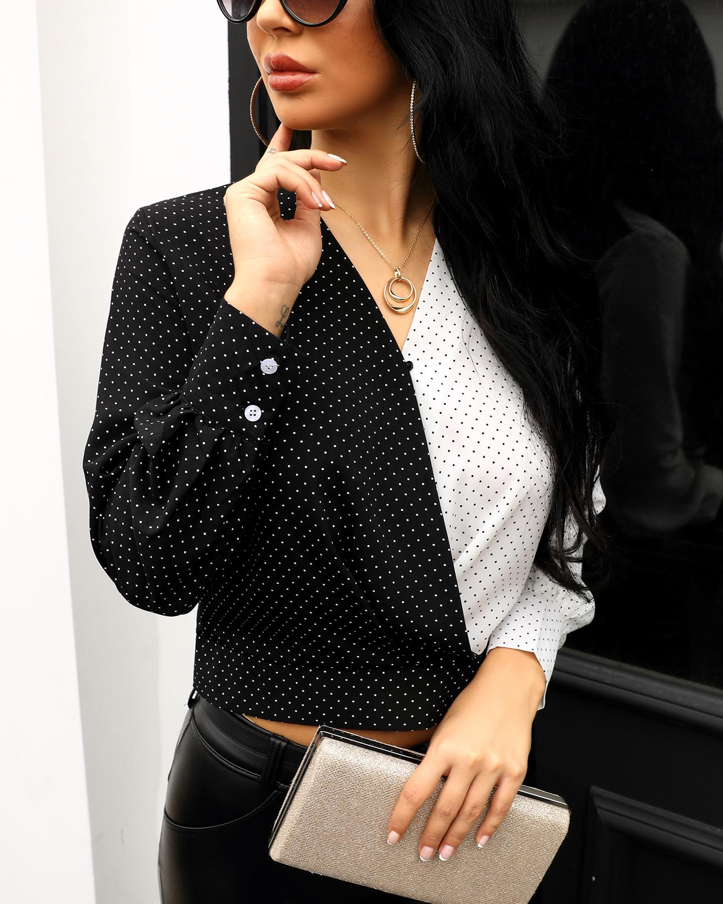 

Dot Colorblock Insert Buttoned Detail Blouse