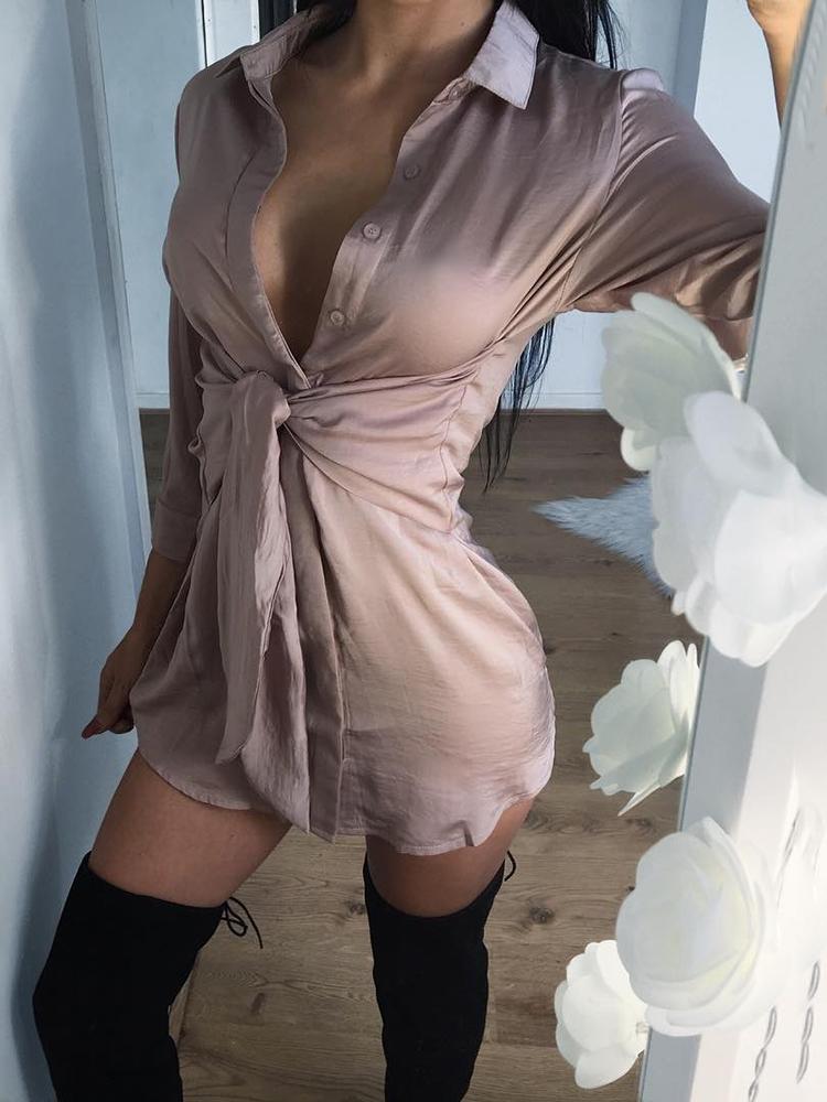 

Turndown Collar Tie Waist Shirt Dress