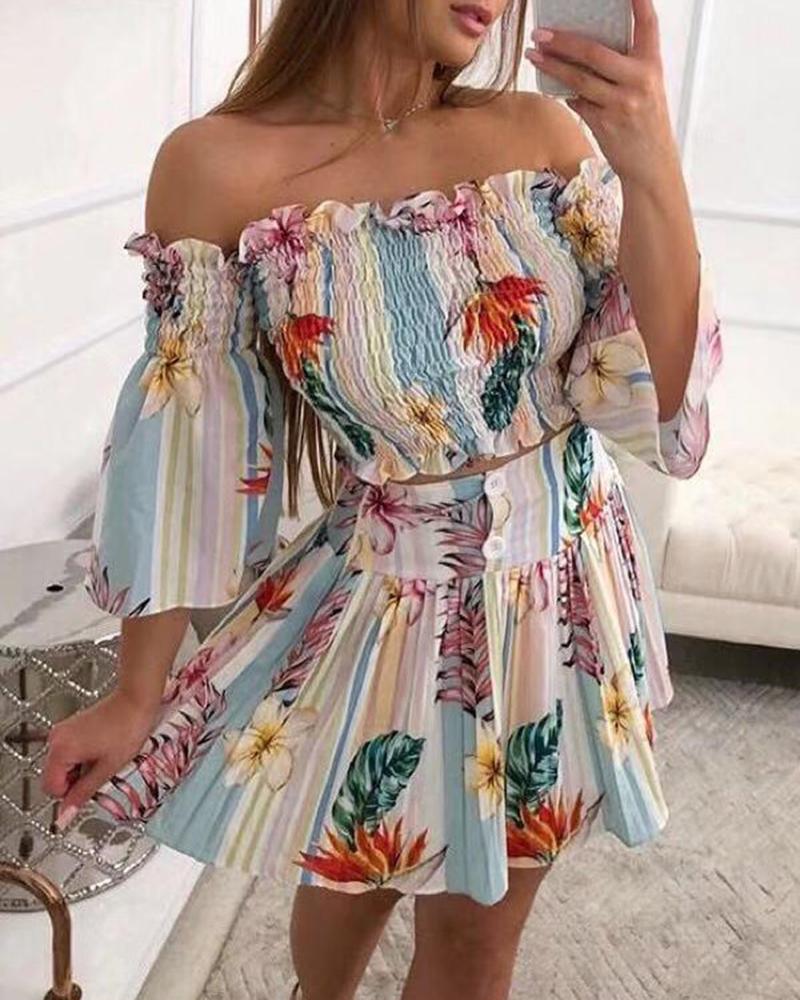 

Floral Print Off Shoulder Shirring Top & Skirt Set