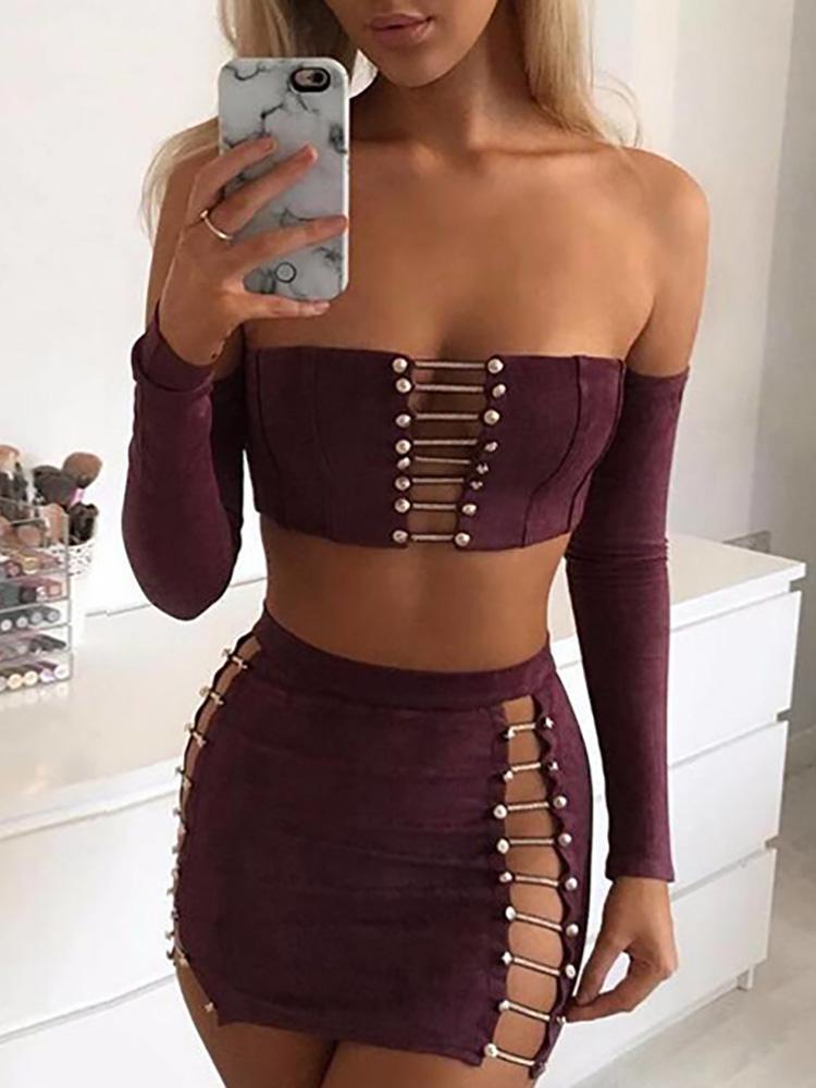 

Suede Ladder Cut Out Crop Top & Mini Skirt Sets, Wine red