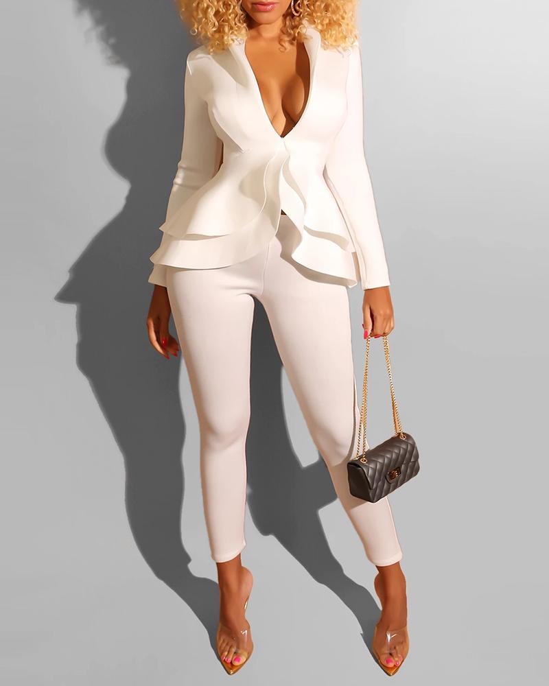 

Solid Ruffles Tight Waist Top & Slinky Pencil Pants Sets, White