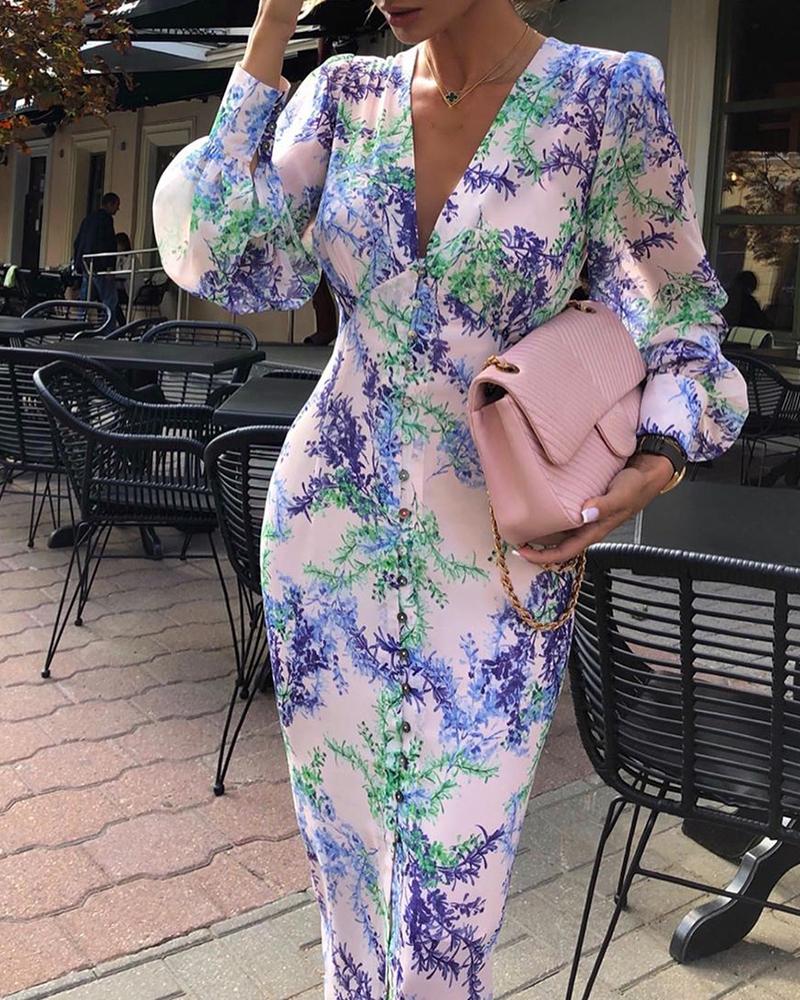 

Plunge Lantern Sleeve Botanical Print Slinky Dress, Purple