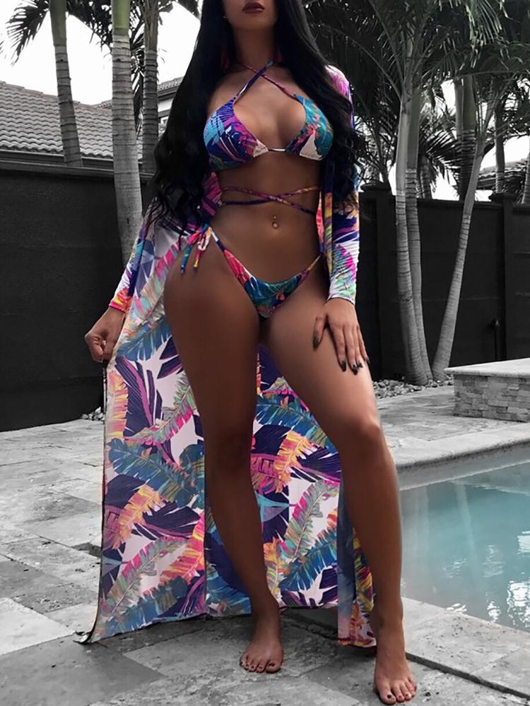 

3PCs Tropical Print Halter Bikini G-string With Cover Ups