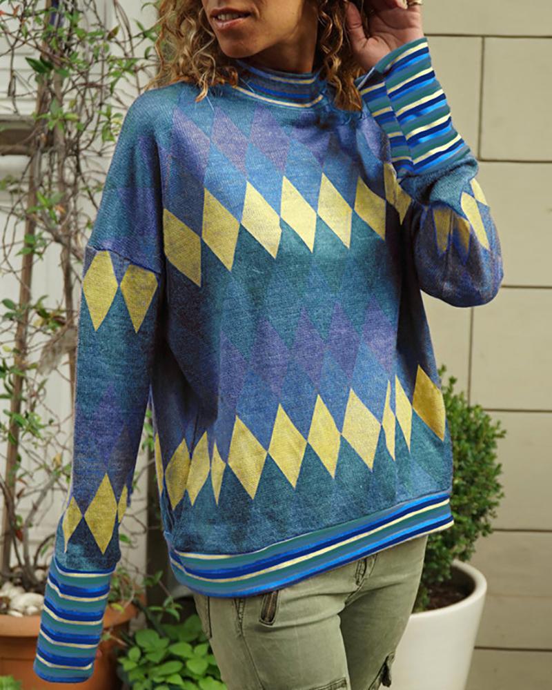 

Geo Clolrblock Print Casual Sweatshirt, Blue