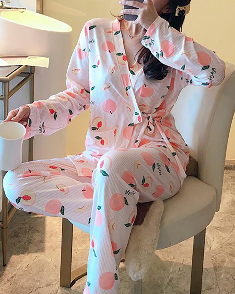 

V-neck Print Knotted Long Sleeve Pajamas Set, White