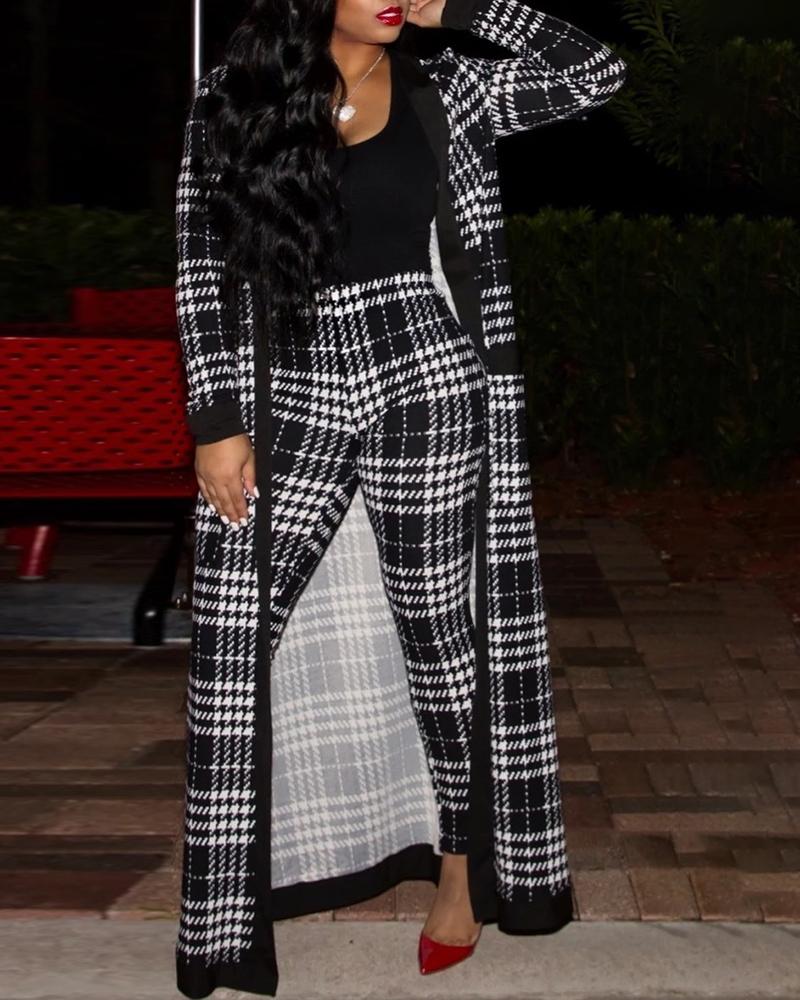 

Retro Print Open Front Longline Coat & Pants Sets, Black