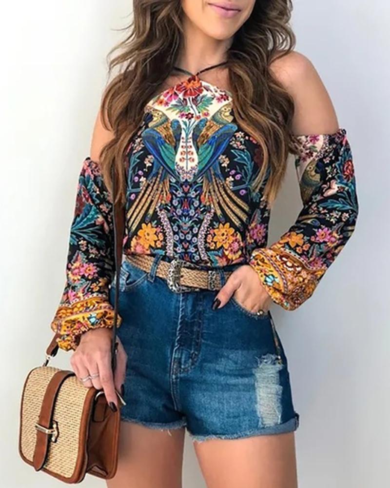 

Cold Shoulder Ethnic Print Blouse, Multicolor