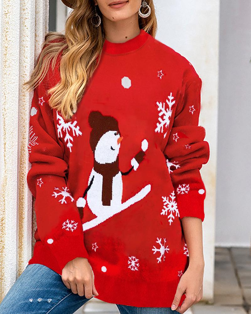 

Christmas Snowman Long Sleeve Knit Sweater, Red