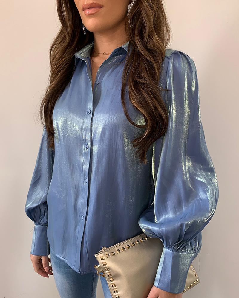 

Solid Turn-down Collar Lantern Sleeve Buttoned Shirt
