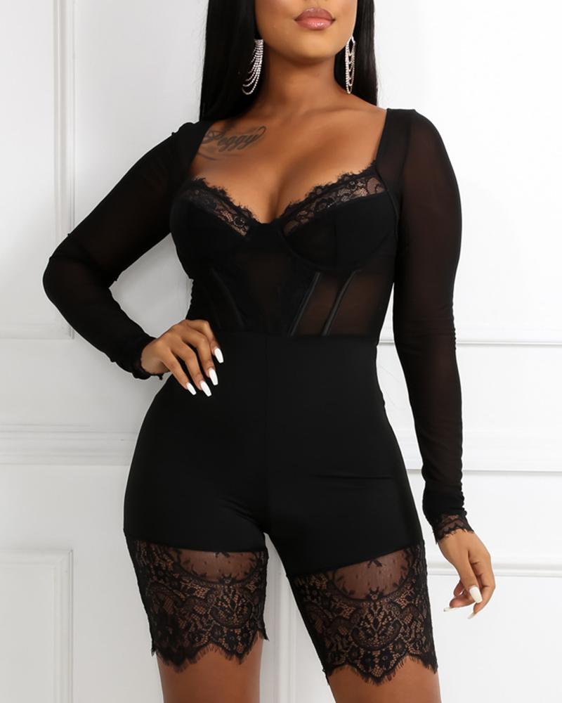 

Solid Eyelash Lace Mesh Romper, Black