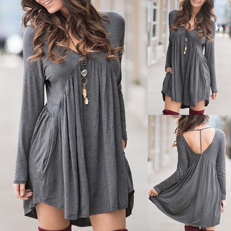 

Sexy Women Irregular Shirring Open Back Casual Dress, Gray
