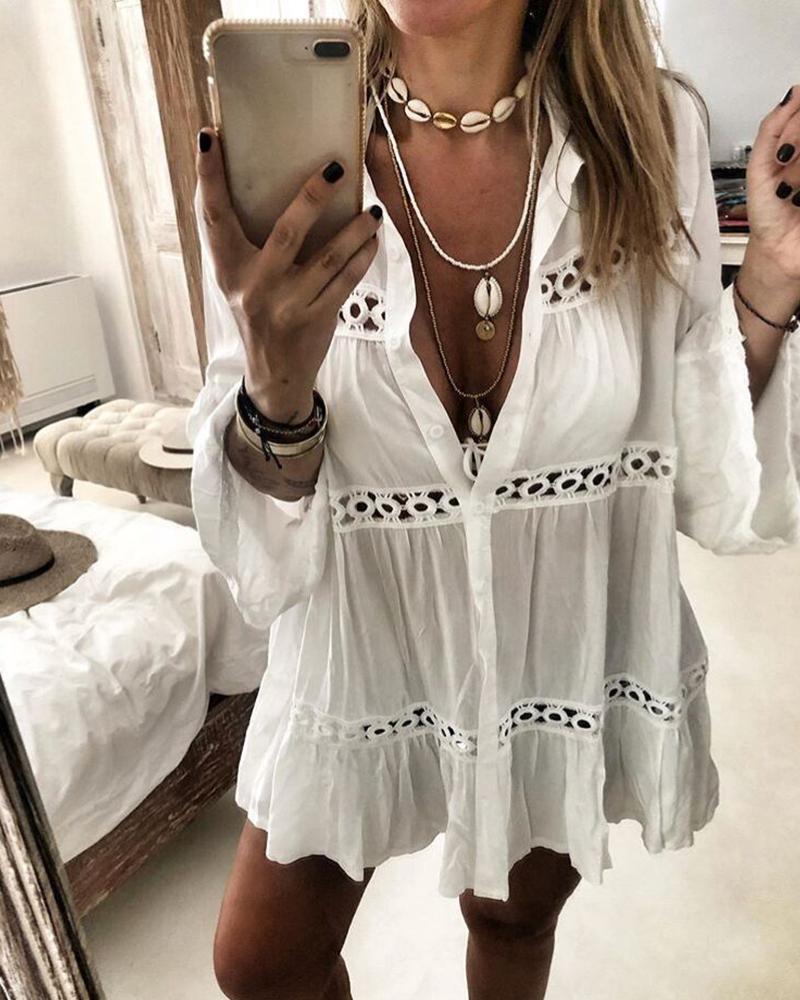 

Hollow Out Bell Sleeve Blouse, White
