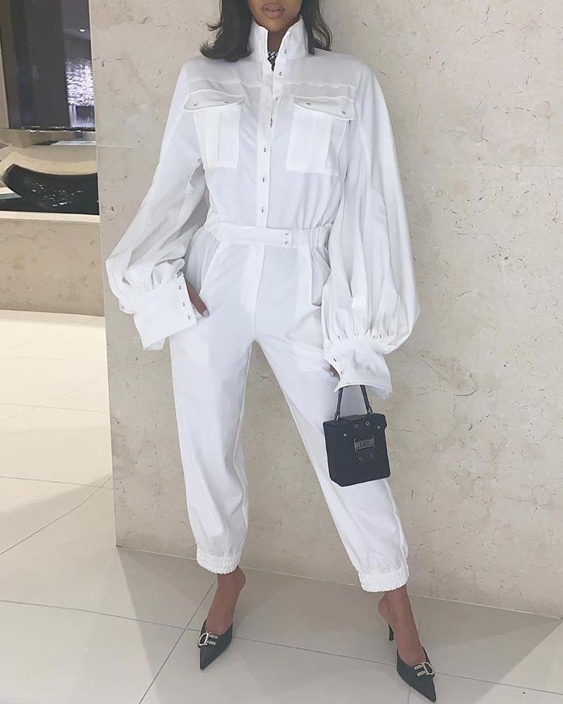 

Solid Pocket Lantern Sleeve Cargo Jumpsuit