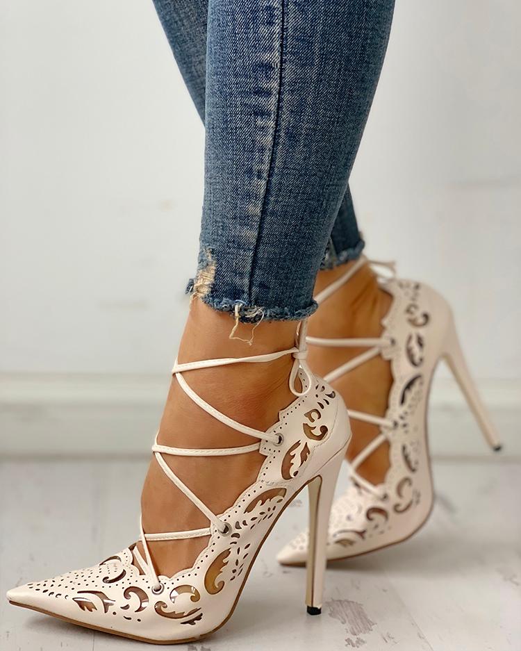 

Retro Hollow Out Bandage Stiletto Pumps, Beige