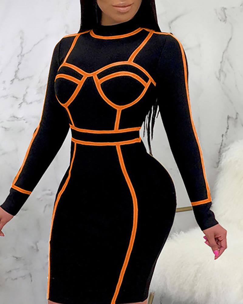 

Long Sleeve Contrast Binding Bodycon Dress, Orange