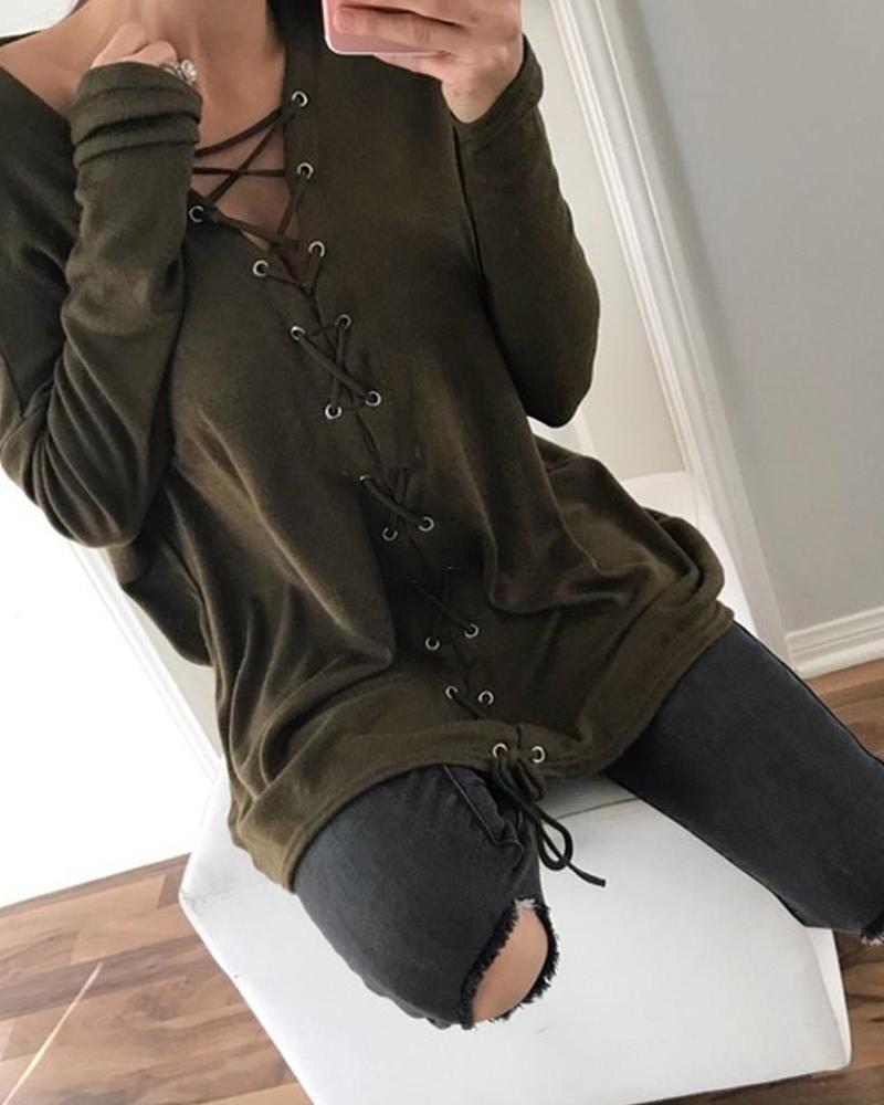 

Solid Lace-Up Detail Sweatshirt, Green