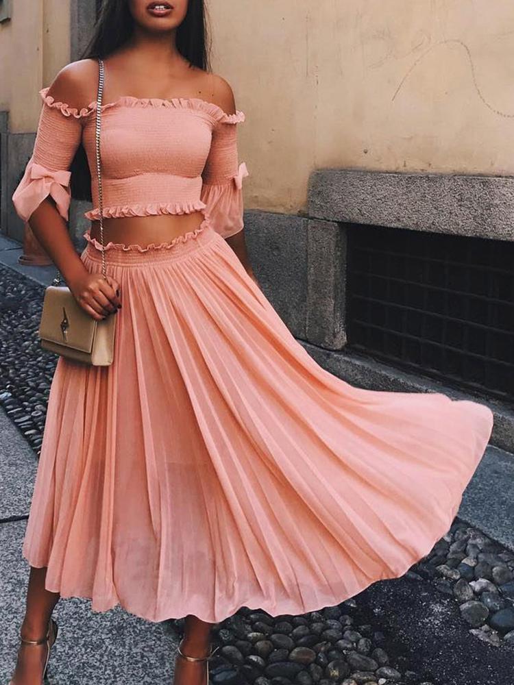 

Frill Shirring Bardot Top & Pleated Skirt Sets