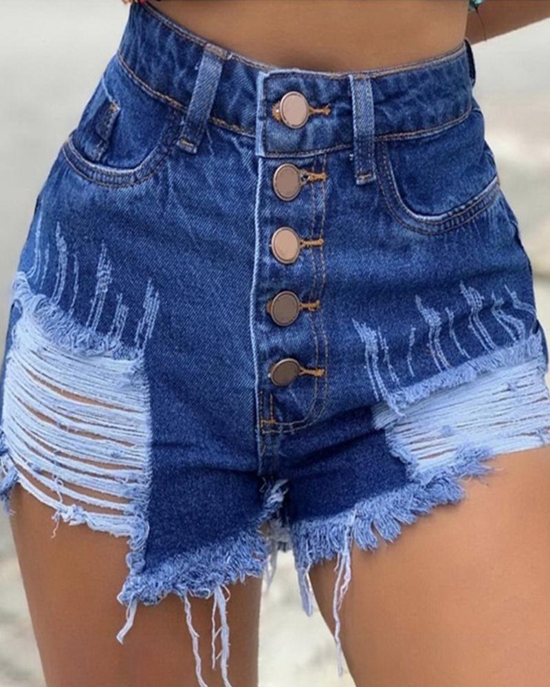 

Ripped & Repaired Denim Shorts, Dark blue