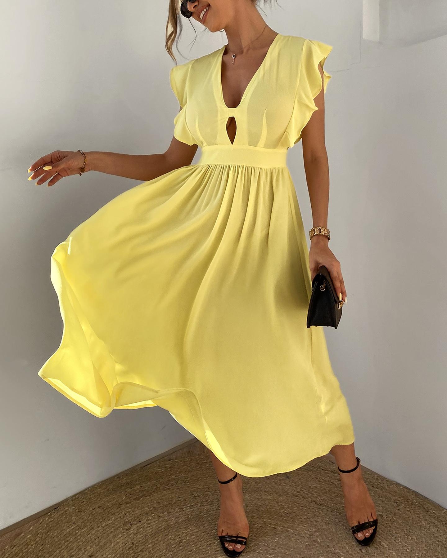 

Solid Ruffle Trim Fit & Flare Dress, Yellow