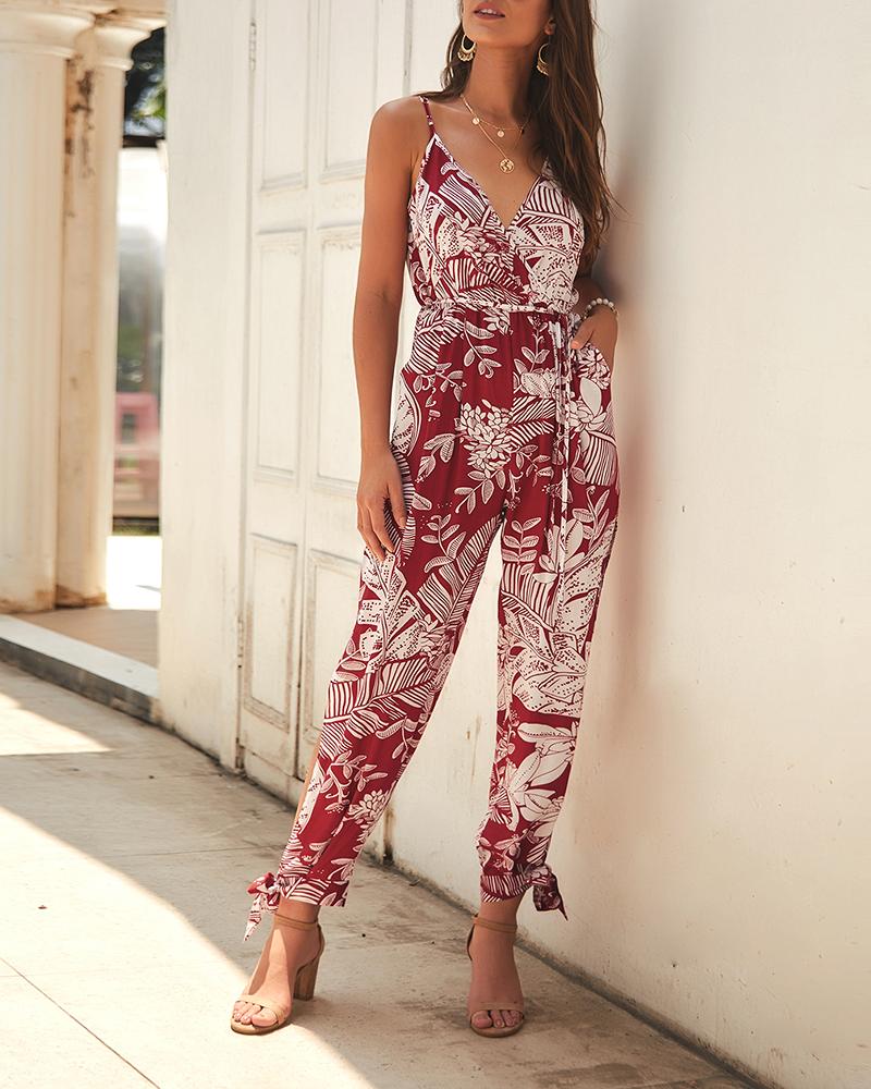 

Leaf Print V-Neck Slit Leg Jumpsuit, Red