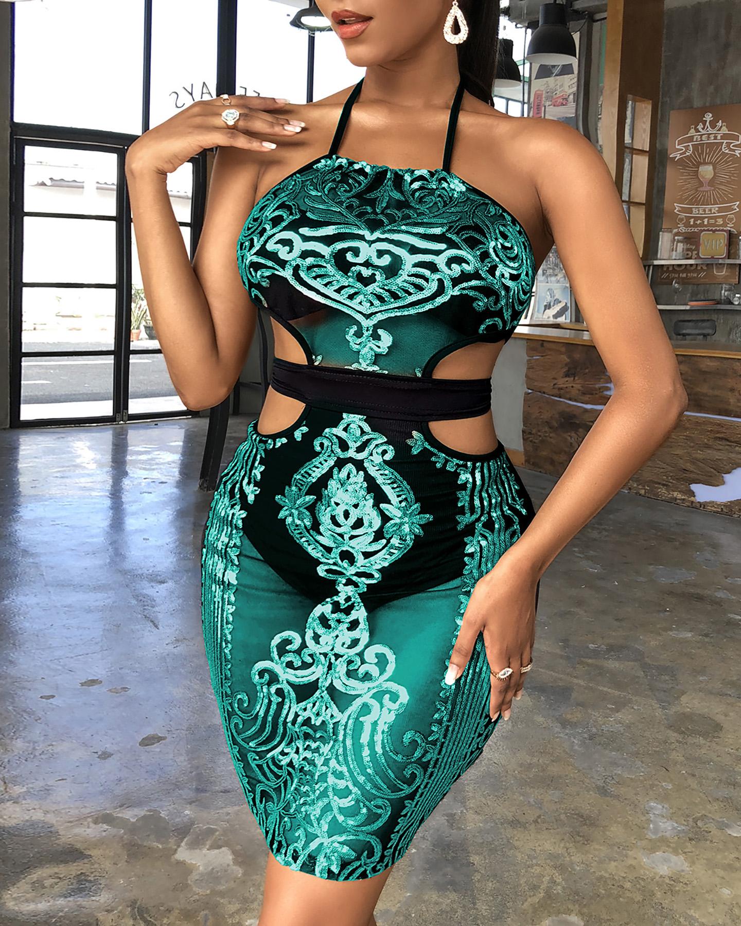 

Cut Out Halter Bodycon Sequin Dress, Green