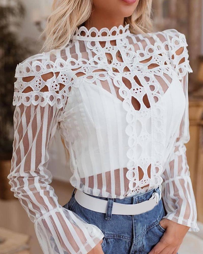 

Lattice Design Sheer Mesh Striped Top, White