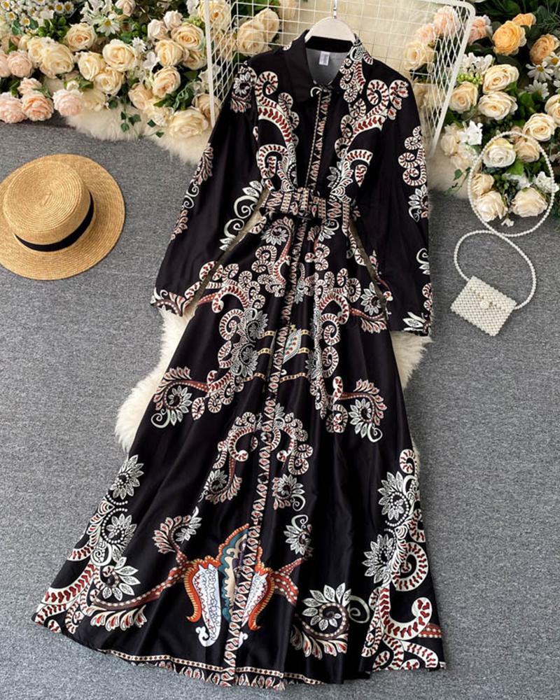 

Vintage All Over Print Long Sleeve Maxi Dress With Belt, Black