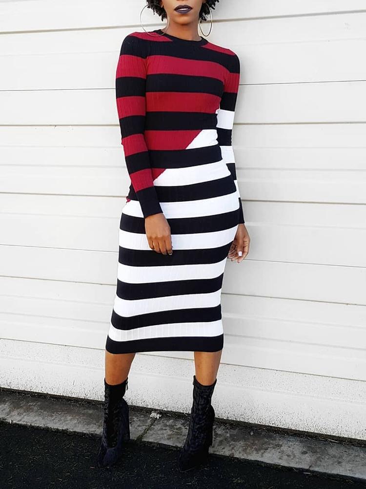 

Contrast Color Striped Bodycon Midi Dress, Multicolor