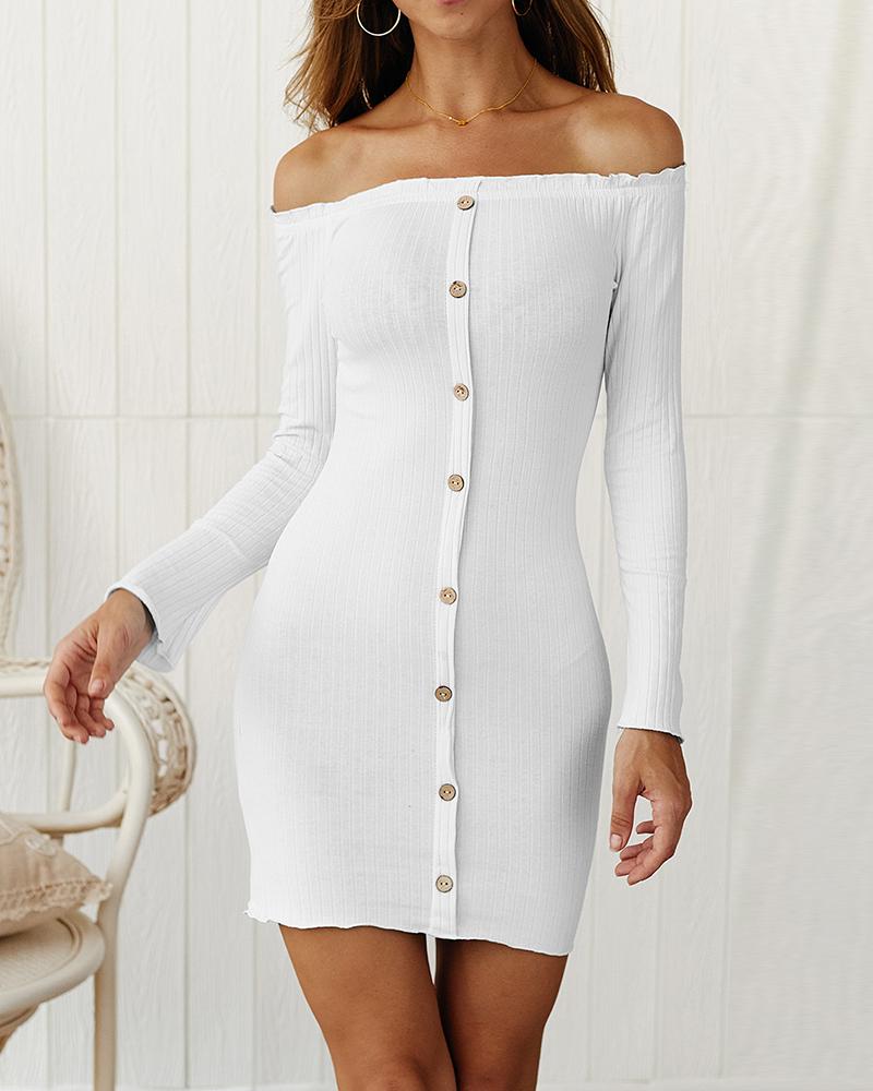 

Ribbed Off Shoulder Buttoned Long Sleeve Dress, White