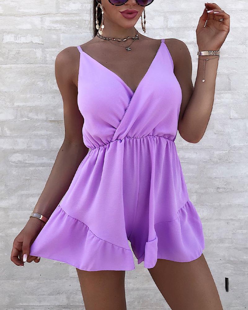 

V Neck Ruffle Cami Romper, Purple
