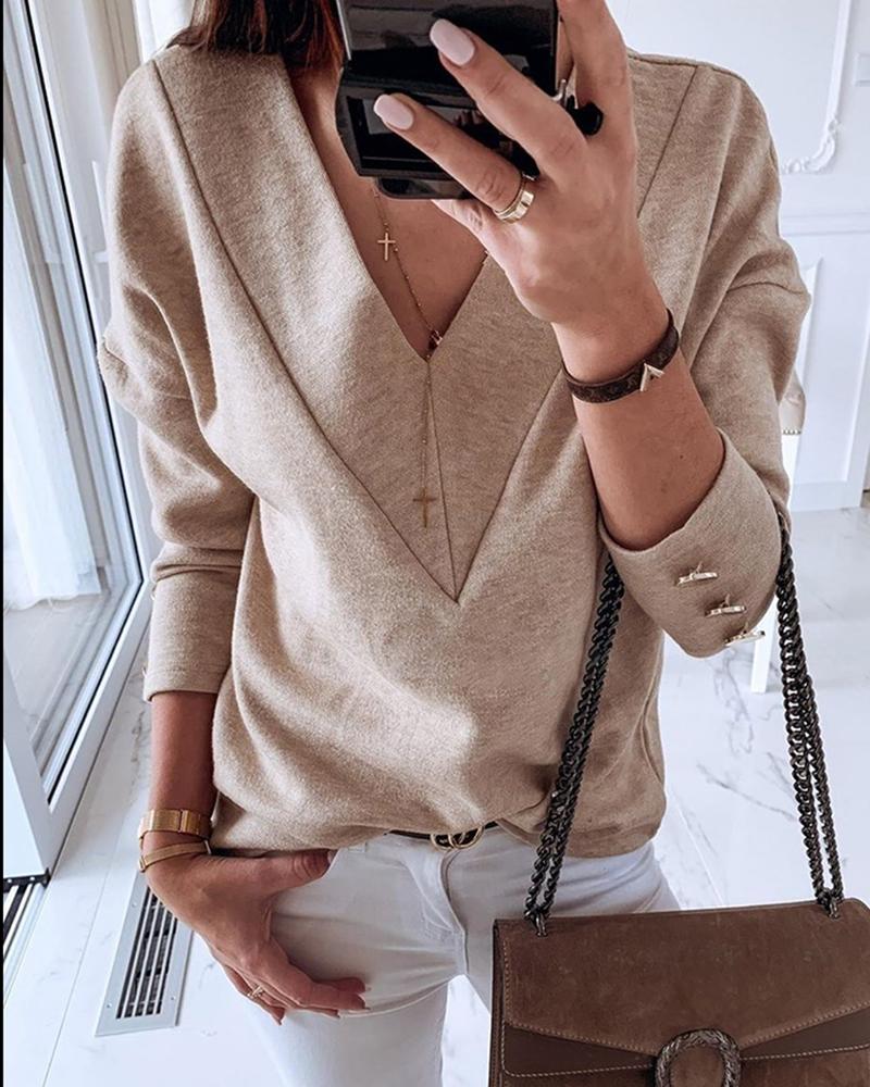 

Solid V Neck Popper Cuff Sweatshirt