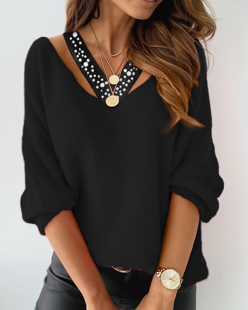 

Studded Cutout Long Sleeve Fluffy Sweater, Black