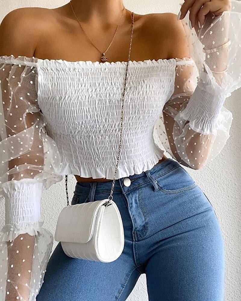 

Off Shoulder Shirring Swiss Dots Blouse, White