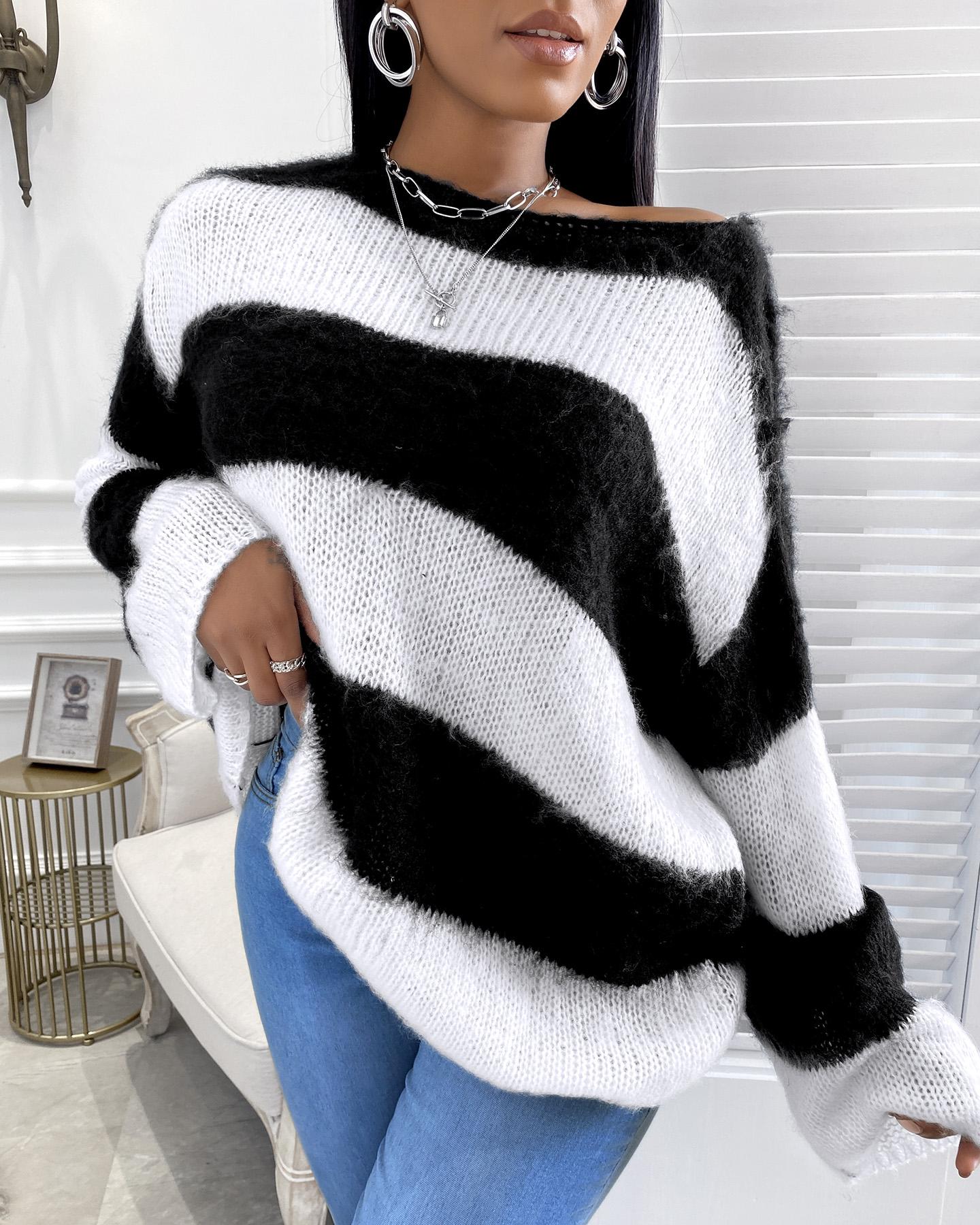 

Colorblock Long Sleeve Casual Sweater, Black