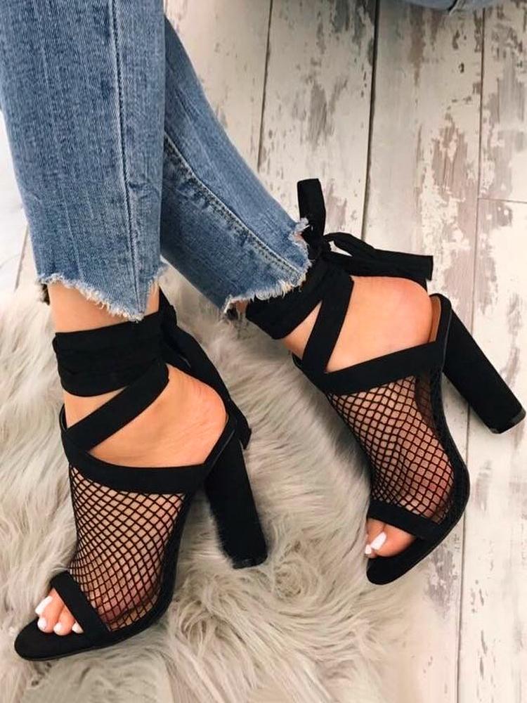 

Mesh Open Toe Slingback Chunky Heeled Pumps