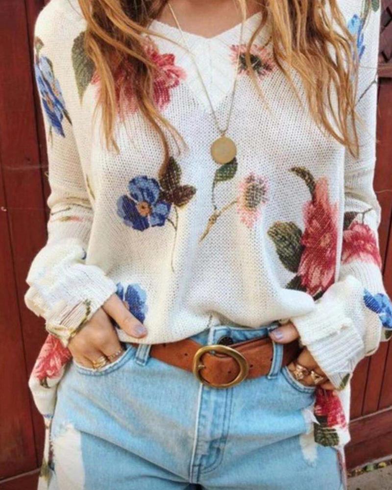 

Floral Print Long Sleeve Casual Sweater, White