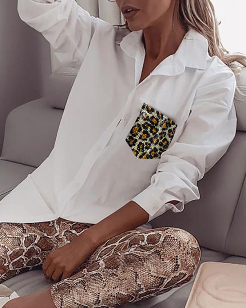 

Cheetah Print Button Pocket Design Shirt, White