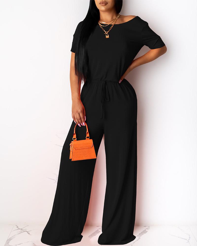 

Solid Drawstring Short Sleeve Jumpsuit, Black