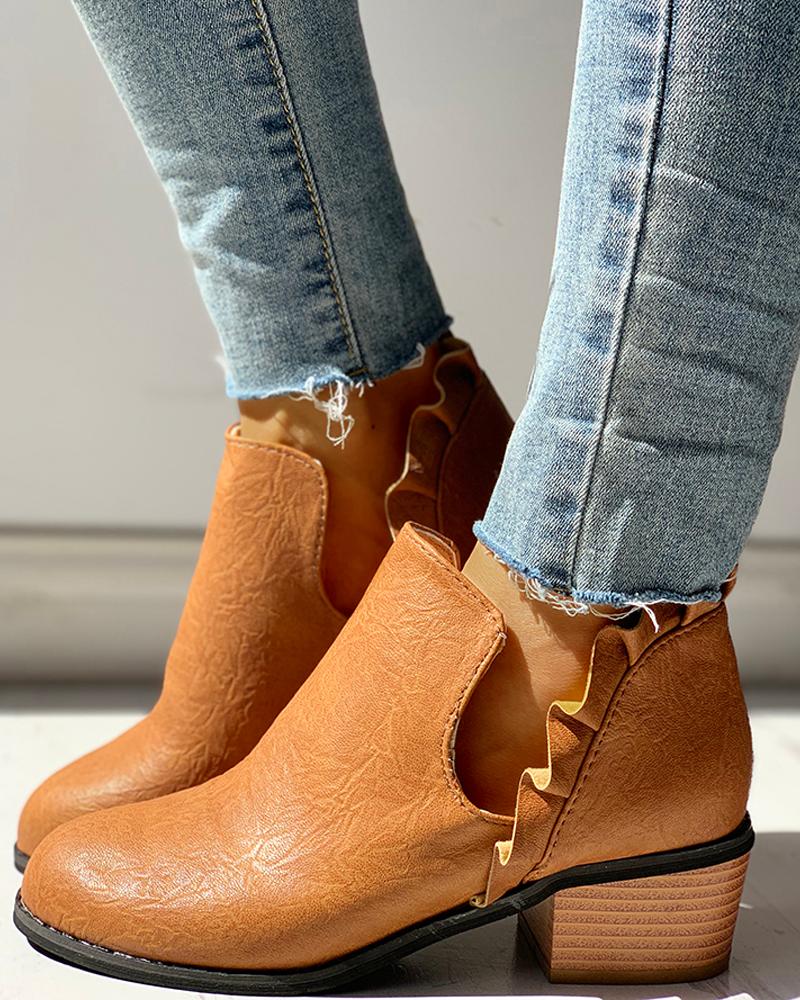 

Solid PU Frill Insert Chunky Heeled Boots, Brown