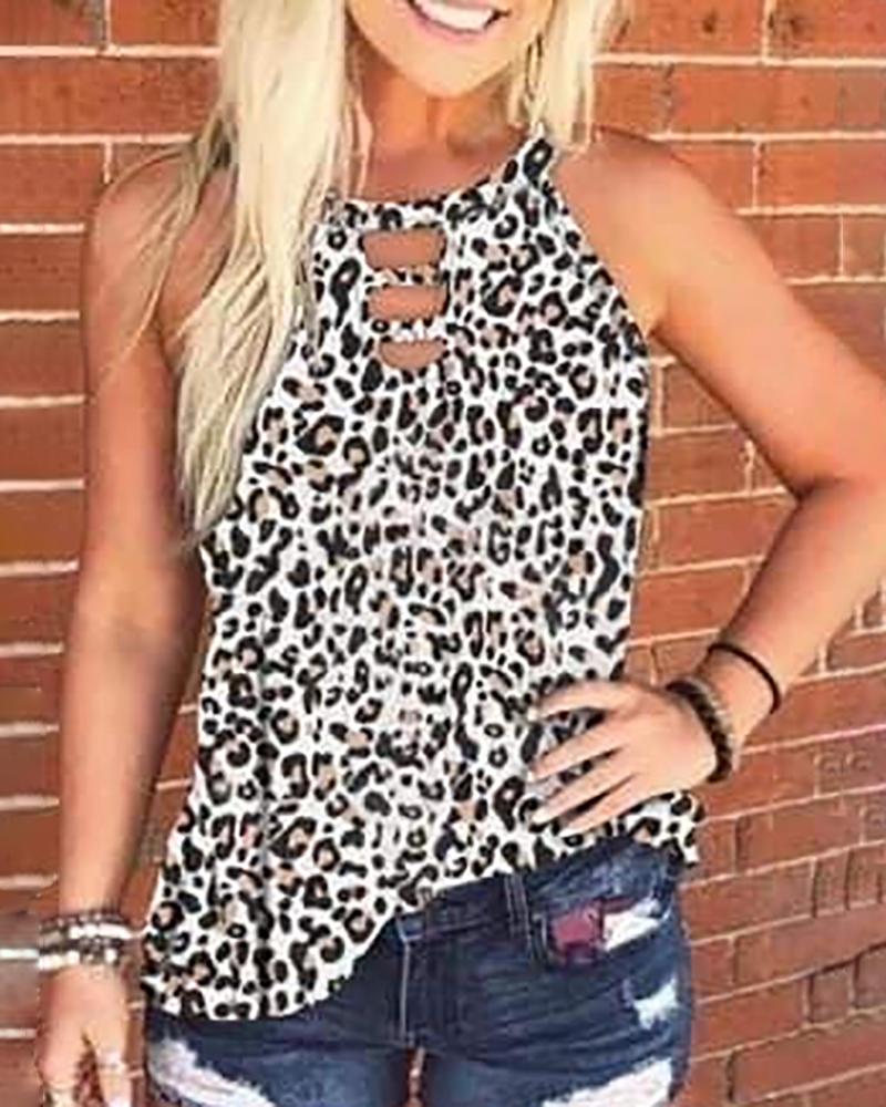 

Print Round Neck Cut Out Tank Top, White