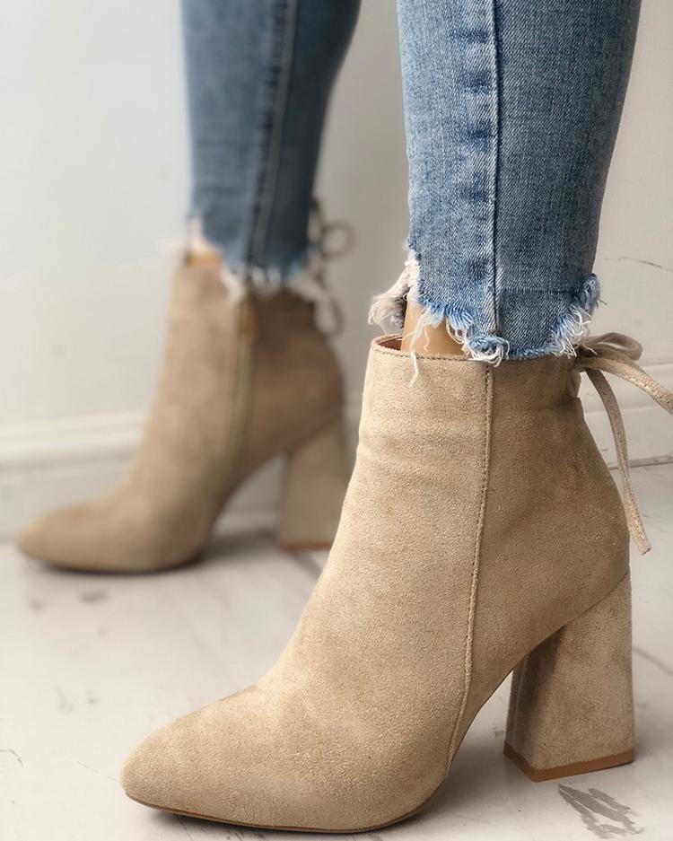 

Suede Point Toe Tie Back Ankle Boots, Khaki