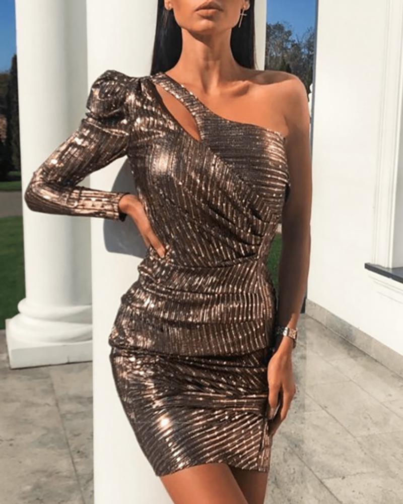 

Sequins One Shoulder Puff Sleeve Bodycon Dress, Dark brown