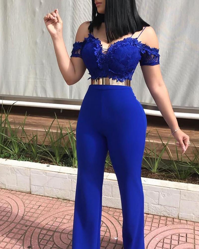 

Spaghetti Strap Lace Applique Bodice Jumpsuit, Blue