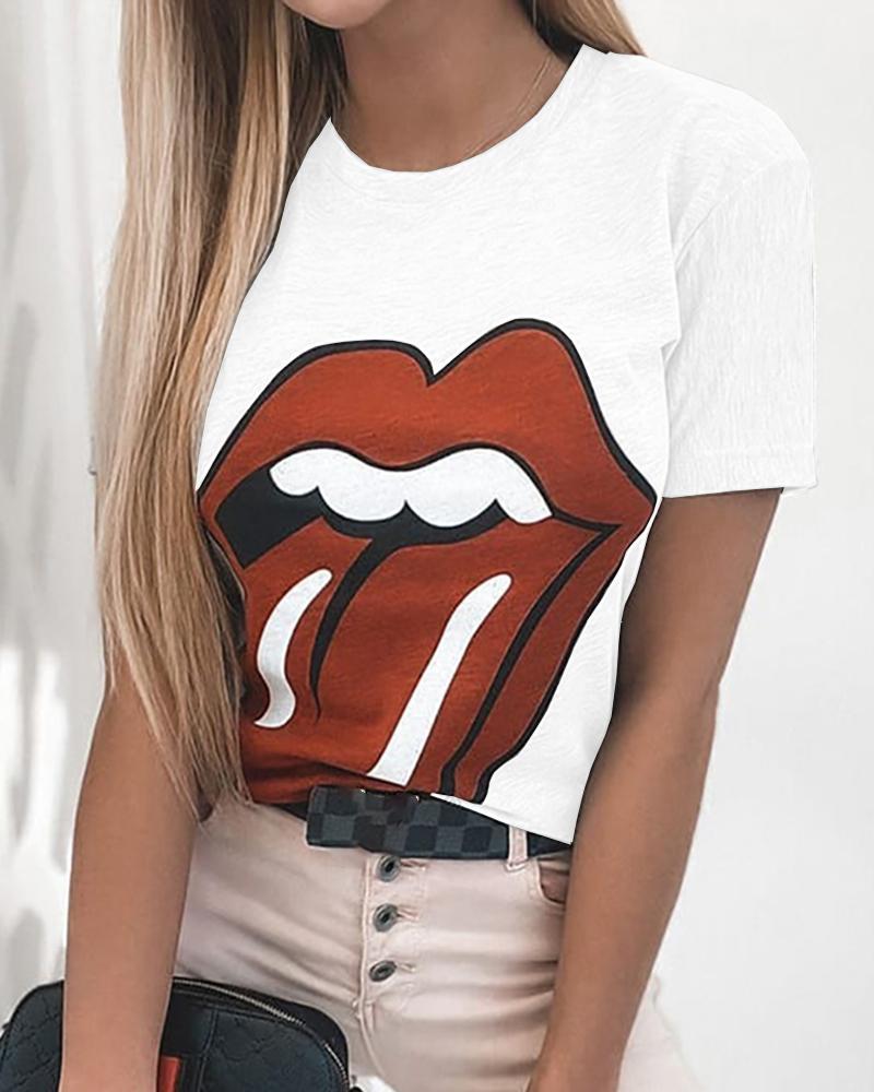

Lip Print Round Neck T-shirt, White