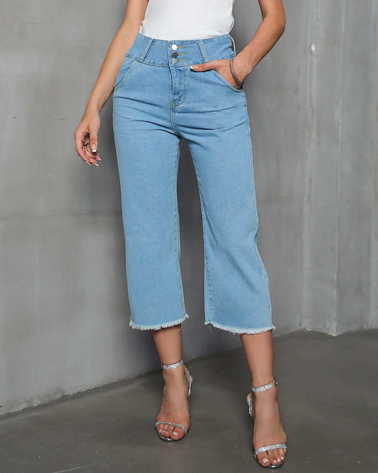 

High Waist Fringe Hem Jeans, Blue