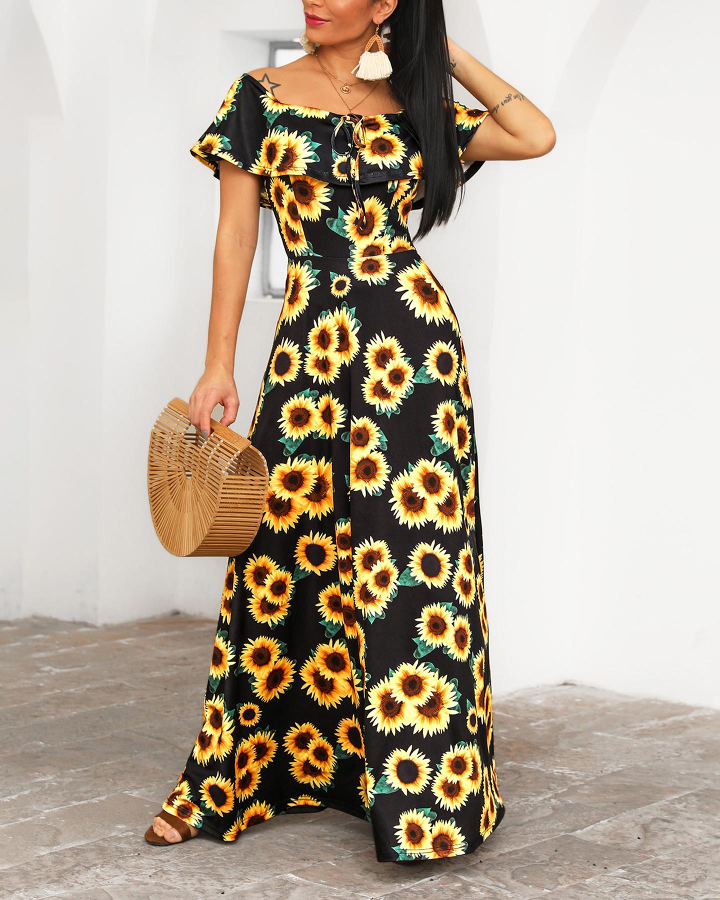 

Off Shoulder Sunflower Print Maxi Dress