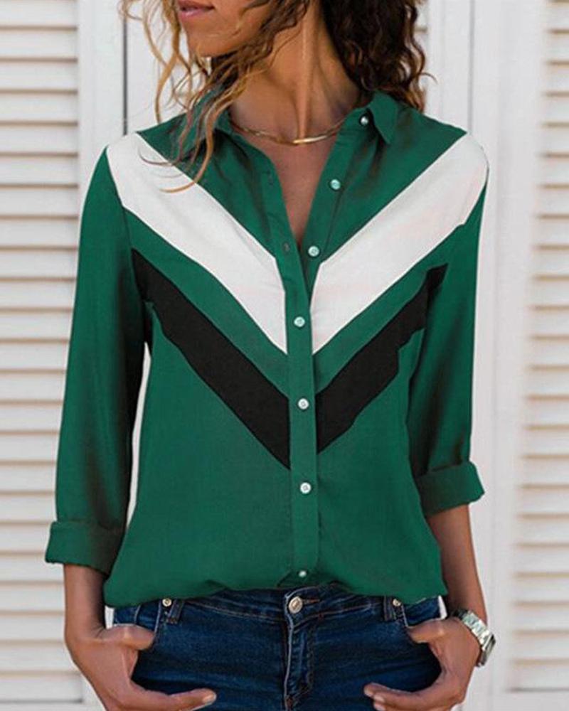 

Contrast Color Button-Up Long Sleeve Shirt, Green