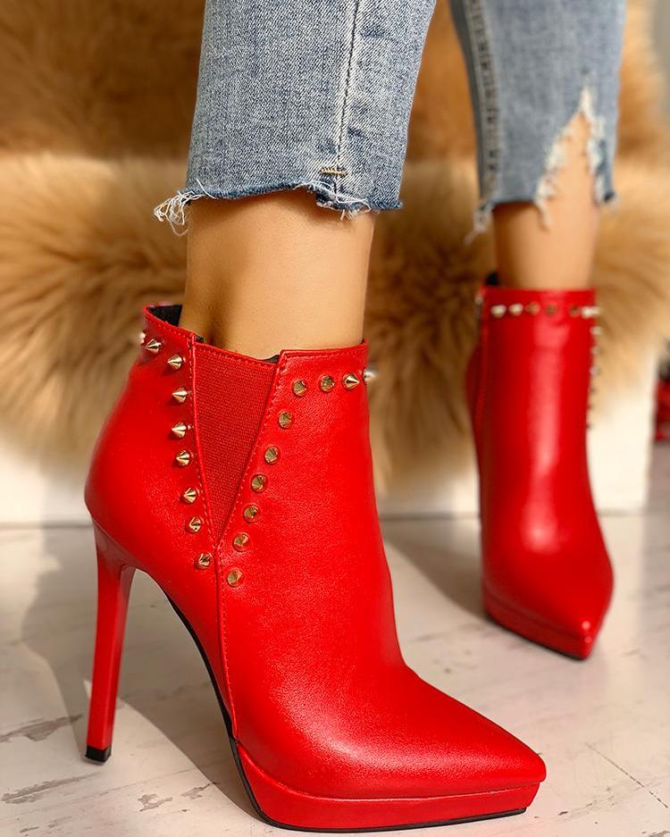 

Rivets Embellished Pointed Toe Ankle Boots, Red