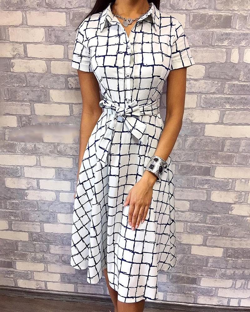 

Short Sleeve Grid Belted Casual Dress, White